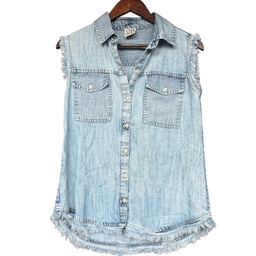 Sister Mary Sleeveless Alys Denim‎ Button Front Shirt Sz XS